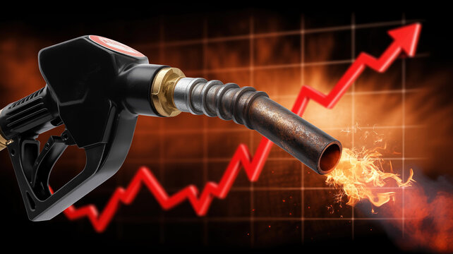Gas pump nozzle spewing flames with upward trending graph indicating rising fuel prices.