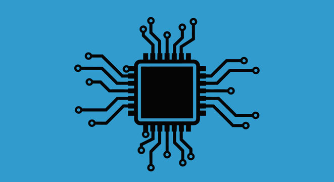 A graphic illustration of a central processing unit on a blue background is shown