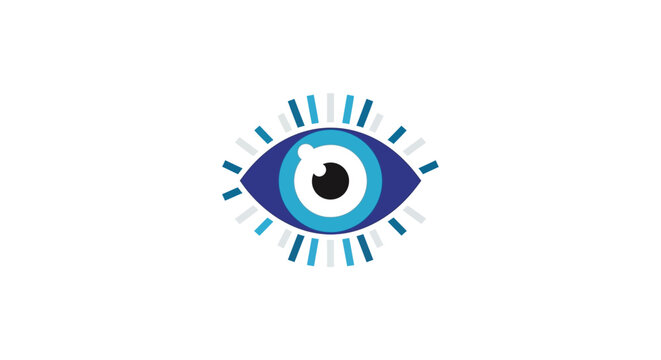 A simple illustration of an eye with a blue iris and white background, graphic design