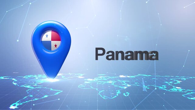 Panama Flag Inside Location Pin On Digital World Map Animation