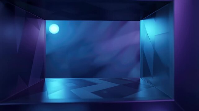 Modern empty glass display box and purple glass frame floating over blue abstract light
