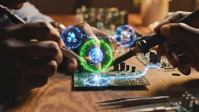 Electronic Repair - Close-Up of Soldering with Futuristic Visual Effects.