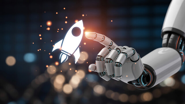 Robotic arm pointing at rocket icon for startup and innovation concept.