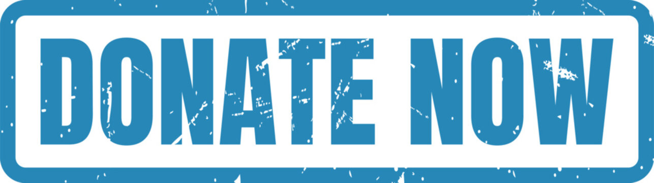 Blue rectangular rubber stamp design featuring the bold text donate now with a distressed texture