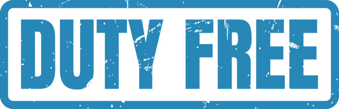 Blue ink stamp graphic featuring the text DUTY FREE for international travel and retail shops