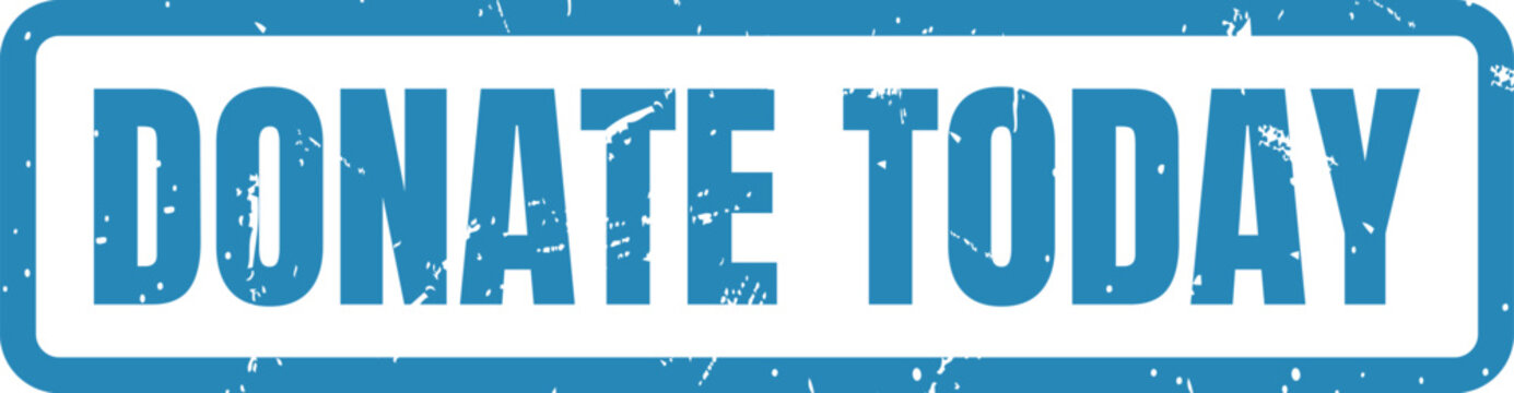 Blue rectangular rubber stamp design featuring the bold text donate today with a distressed texture