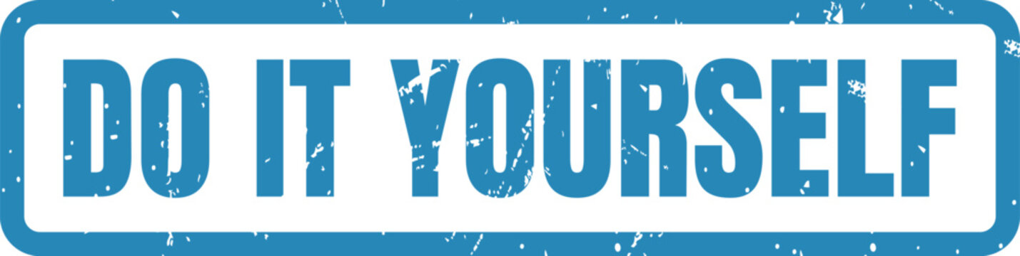 Blue rectangular rubber stamp design with the text Do It Yourself inside a weathered frame
