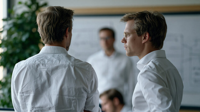 Two engineers whiteboarding at opposite ends of a conference room, their diagrams completely contradicting each other, while a non-technical founder watches helplessly from the