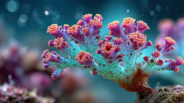 Ethereal glowing teal and pink coral polyps illuminated in the dark depths of a tropical ocean reef.