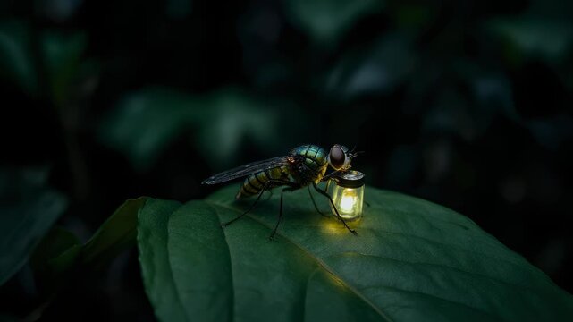 Macro close-up of a metallic green fly with glowing lantern on a lush green leaf in a dark atmospheric forest, symbolizing nature's hidden magic and quiet exploration.