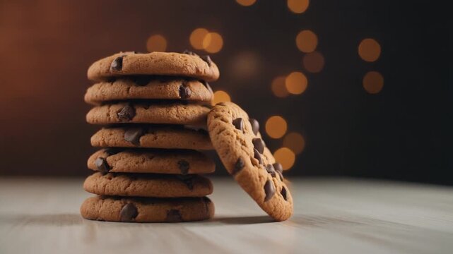 Seamless Loop of Delicious Chocolate Chip Cookies Stacked Tall on a Light Wooden Surface with Warm Bokeh Background, Full HD Cinematic Food Footage