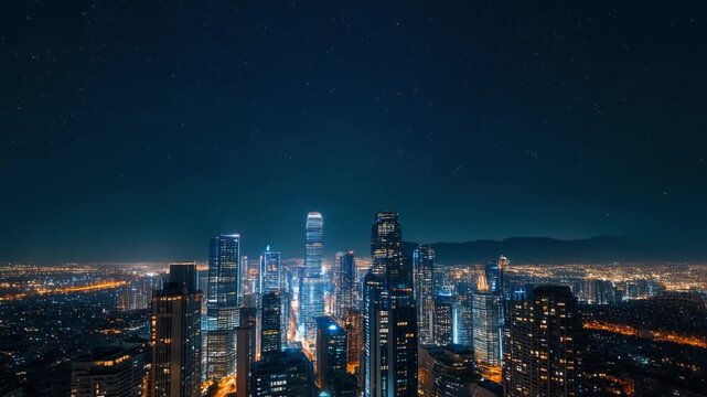 Cinematic Aerial Drone Shot of Modern City Skyline at Night with Glowing Skyscrapers and Starry Sky, Full HD Motion Background