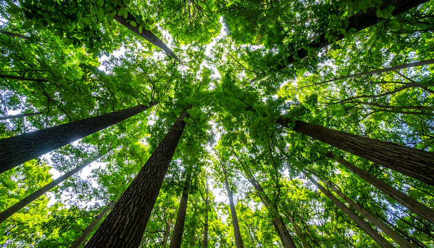 Looking up through tall green trees towards the sky, canopy of leaves, natural sunlight filtering through, forest perspective