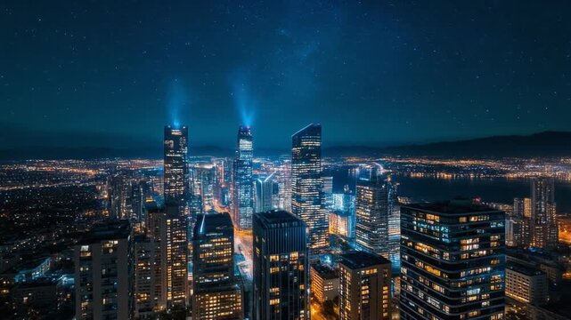 Aerial Drone View of Modern City Skyline Skyscrapers at Night Under Starry Sky, Cinematic Full HD Motion Background