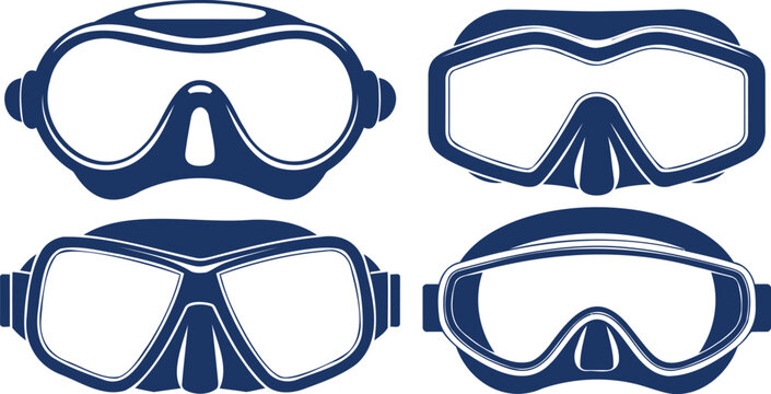 Set of four diving masks in dark blue