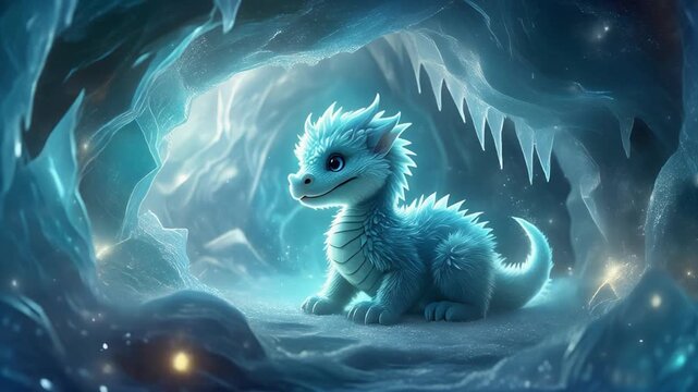 Adorable Fluffy Baby Dragon Resting Peacefully in a Magical Glowing Ice Cave, Cinematic Fantasy Loop Background Full HD Animation