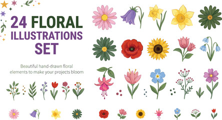 Vector illustration set of 24 colorful hand‑drawn floral elements with blossoms, leaves, and decorative stems © Creative Stoker
