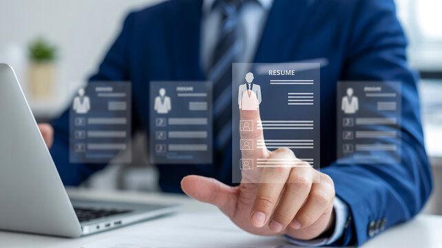 Businessman selecting candidate resume from human resource HR management system on virtual screen.