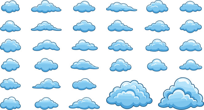 Vector illustration set of cartoon clouds in multiple shapes, sizes, and fluffy blue designs