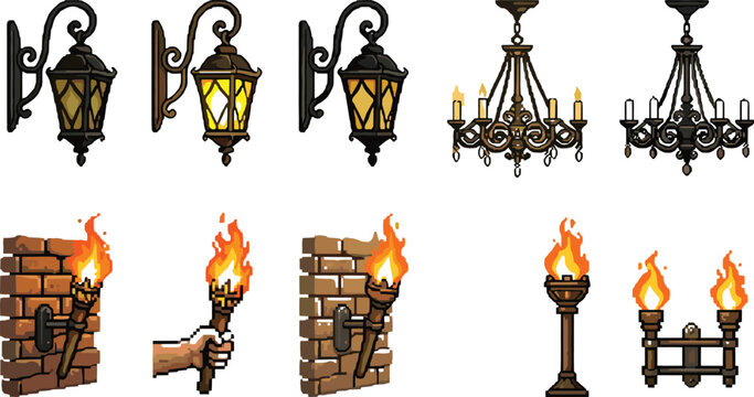 Vector illustration set of medieval lanterns, chandeliers, and torches with glowing fantasy light sources