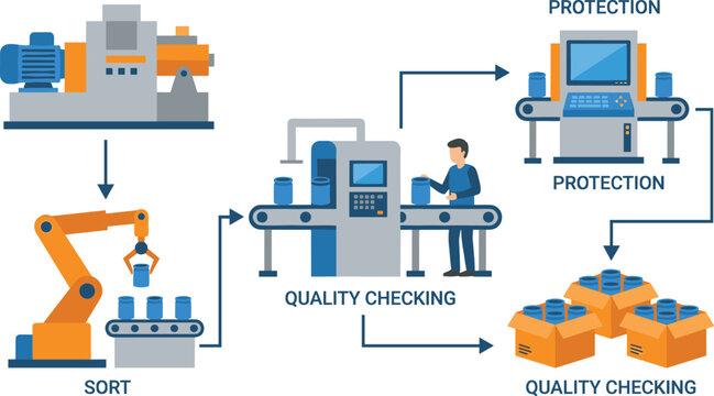 Vector illustration of automated manufacturing process with robotic sorting, human quality checking, and product packaging