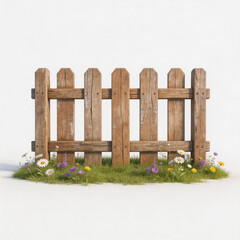 Fototapeta premium A 3D rendered weathered wooden picket fence set atop a patch of green grass dotted with wildflowers, isolated on a plain white background.