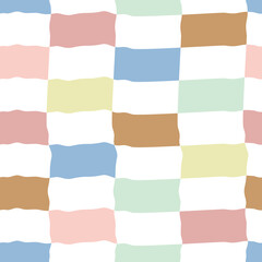 Bezszwowy wzór z kolorową falującą kratką w pastelowych kolorach – retro groovy, grafika wektorowa © Monika
