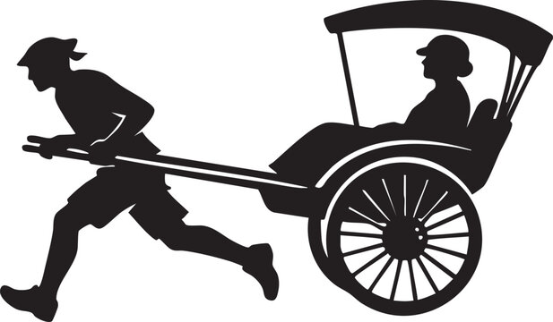 Person running pulling rickshaw with passenger
