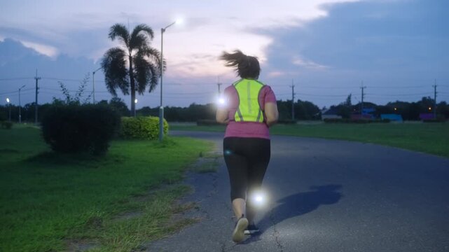 Middle-aged Asian woman jogging safely at twilight with reflective gear and LED arm light