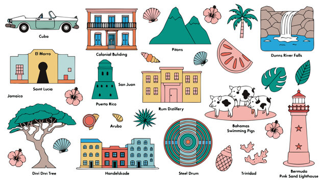Caribbean Island Destination Mosaic Flat Vector Illustration World Travel Landmark Icon Set with Havana Car Pitons El Morro and Swimming Pigs Isolated Collection for Marketing Packaging and Presentati