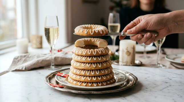 Kransekage Marzipan Cake Tower Served on White Marble Kitchen Table