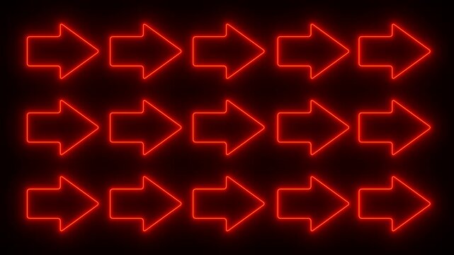 Arrows in neon light, red illuminated, arrows point to the right. The arrows move forward, in an endless loop. Direction, pointing at something, right hand, orientation. 