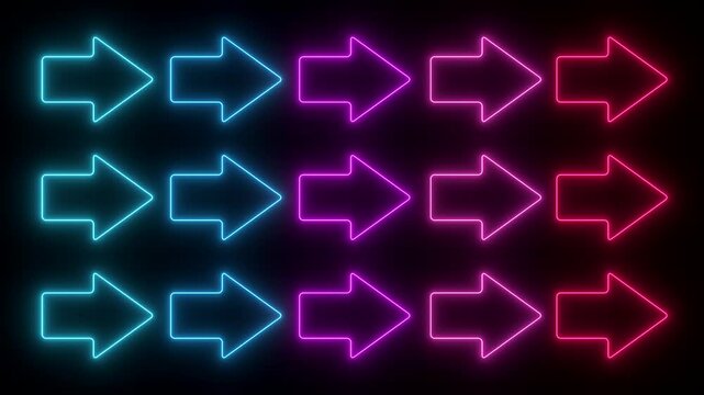 Arrows in neon light, illuminated in blue,  purple and pink, arrows point to the right. The arrows move forward, in an endless loop. Direction, pointing at something, right hand, orientation. 