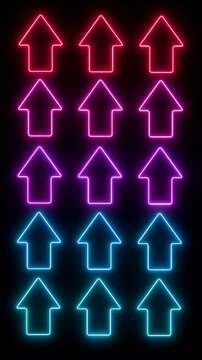 Arrows in neon light, illuminated in blue, purple and pink point upward. The arrows moving up, in an endless loop. Direction, pointing at something, above, orientation. 