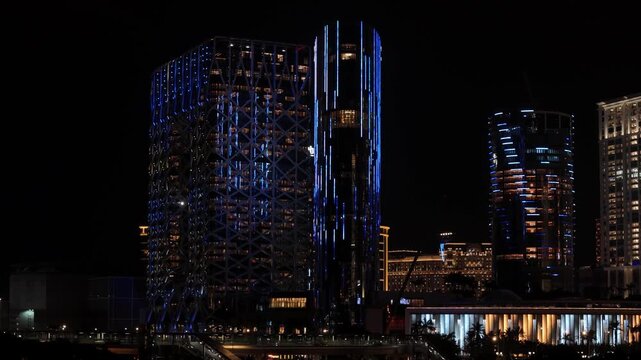 Drone view at night of Morpheus, City of Dreams, The Countdown Hotel and more