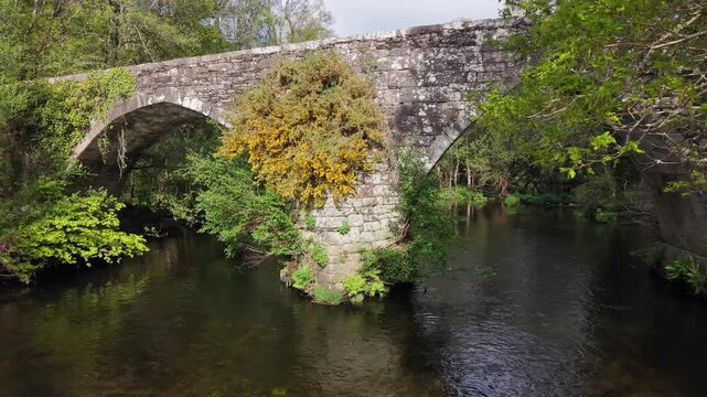 Historic Ponte de San Alberte In Galicia, Spain. Aerial Pullback Shot