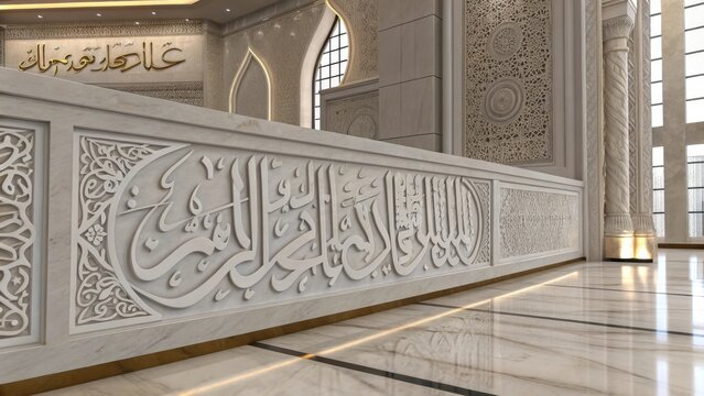 Intricate islamic calligraphy carved into a marble railing inside a mosque