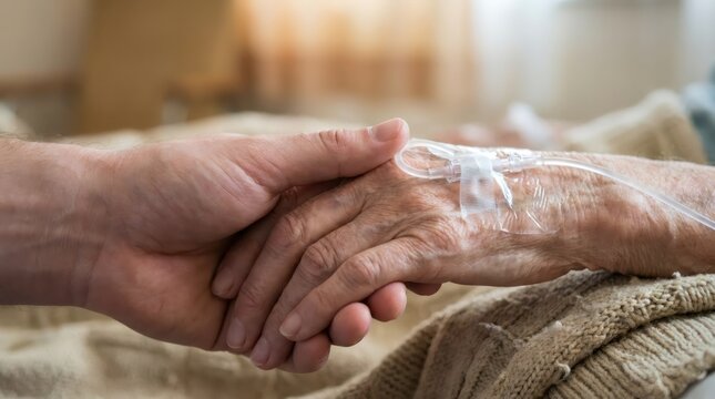 Man holding the hand of elderly woman with intravenous therapy drip in hospital. Concept of compassion, support, care, and comfort for patient during recovery or end of life journey.
