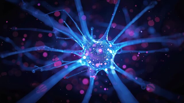 Glowing blue neuron with branching dendrites and pink synaptic particles energetic neural blue