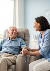 Obraz premium Woman nurse holding hand of elderly man smiling during medical treatment. Healthcare professional supporting senior patient in clinic. Compassionate care and recovery assistance concept.