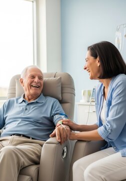 Woman nurse holding hand of elderly man smiling during medical treatment. Healthcare professional supporting senior patient in clinic. Compassionate care and recovery assistance concept.