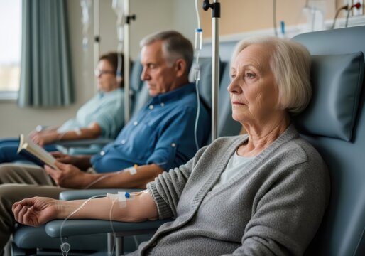 Senior woman sitting in reclining chair during chemotherapy treatment in medical clinic. Elderly patients receiving infusion therapy. Healthcare, oncology support and medical care.