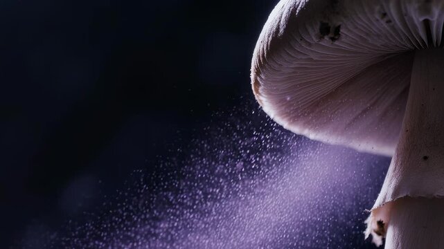 Macro close-up of a mushroom releasing spores with a purple glow, against a dark background, symbolizing natural cycles, growth, and delicate beauty