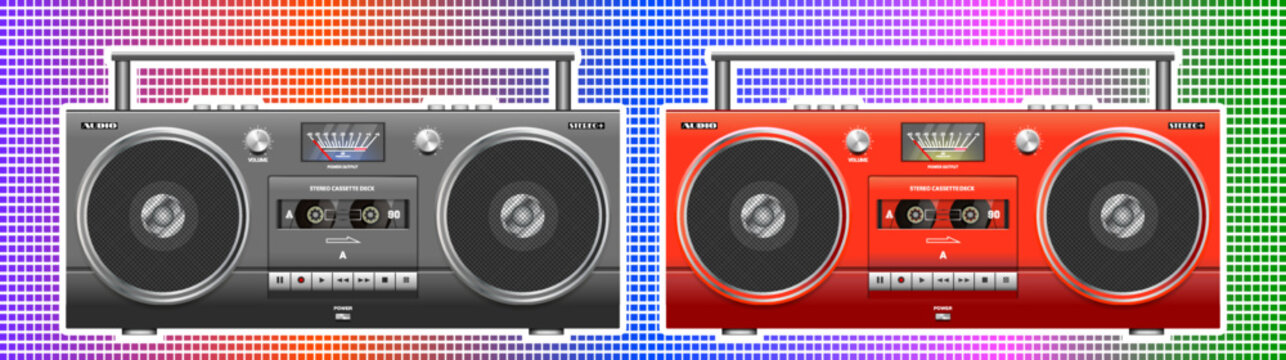 Vector collection of vintage cassette recorders, boombox with two round speakers. Red and black. Music and style of 80s and 90s. Push-button analog music retro gadget. Old sound. Mobile stereo system