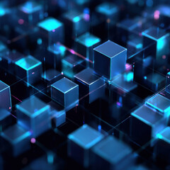 Obraz premium Abstract cube grid glowing blue cube dark digital background futuristic network 3d render neon light geometric pattern tech concept cyber space data structure