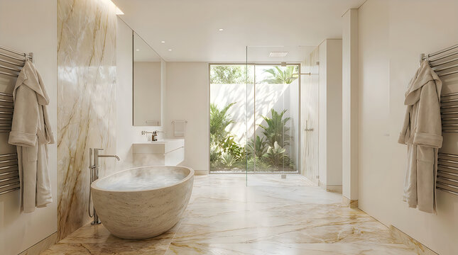 A sophisticated bathroom showcases a stone bathtub with foamy water, flanked by heated towel racks and a large window overlooking a verdant garden.
