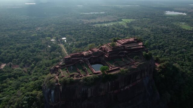 Aerial view of Sigiriya Rock rising above Sri Lanka rainforest