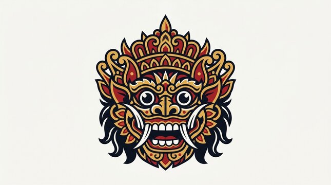 Ornate Traditional Balinese Demon Face Mask Illustration with Intricate Details