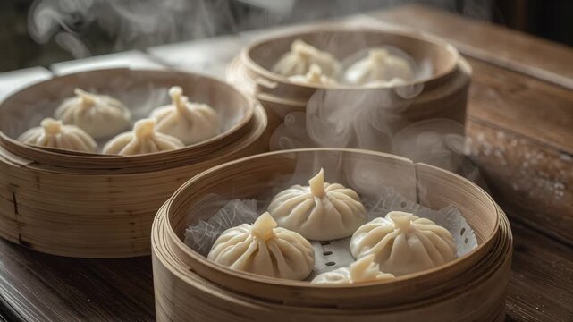 Steaming bamboo steamer with wooden table soup dumpling, steam rising over dumpling scene