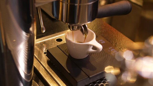 Moody Close-Up of Espresso Extraction on Digital Scale at High-End Specialty Coffee Bar Counter